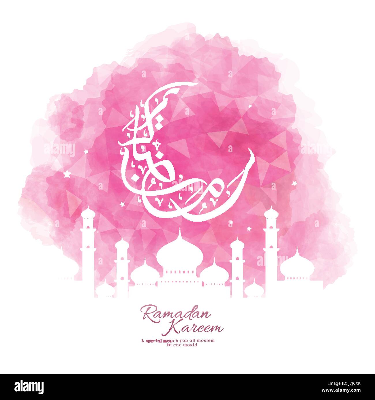 Ramadan Kareem calligraphy design with mosque, rosy pink theme Stock