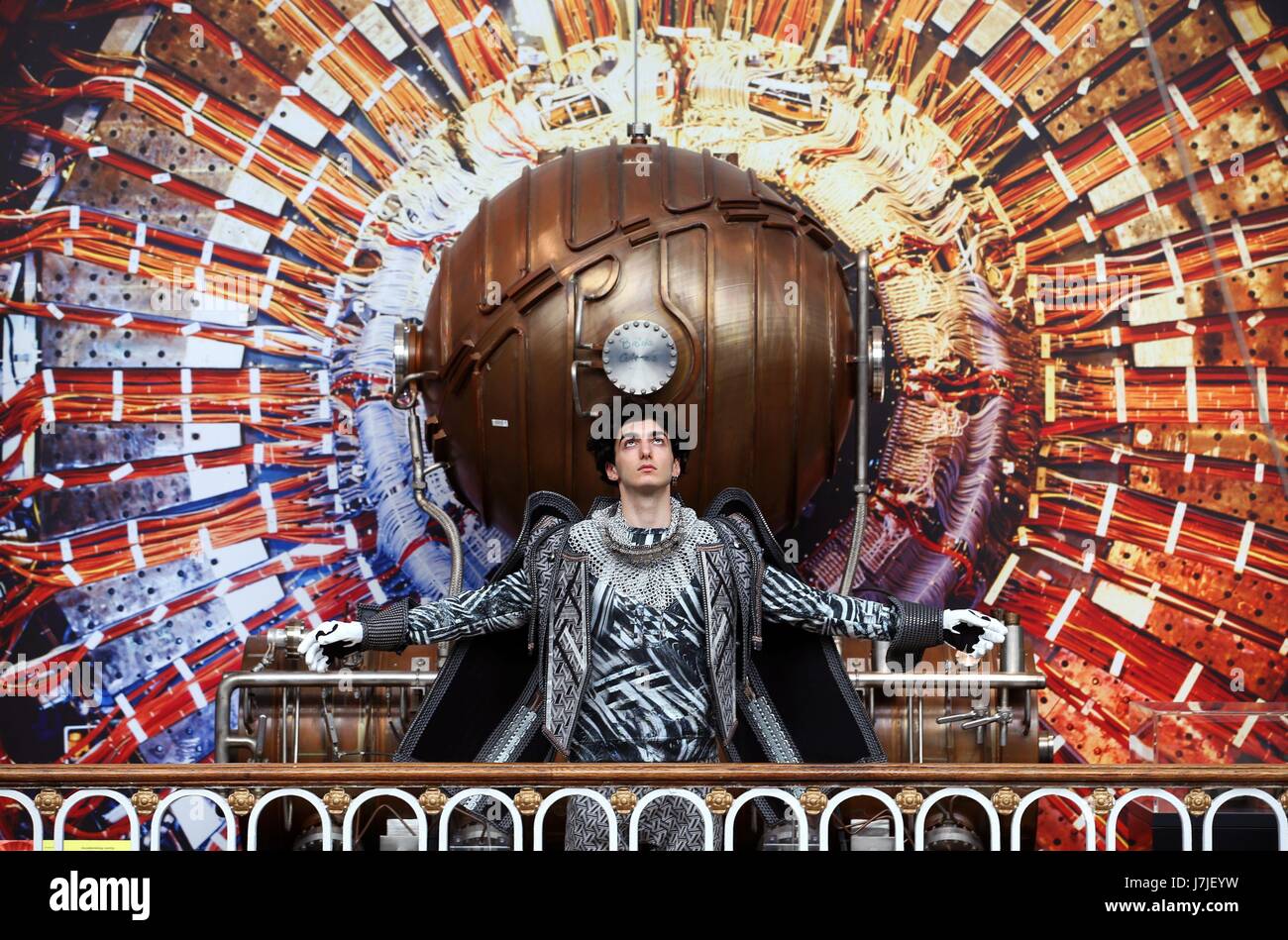 Model Marti Salip Ventura wears a futuristic design by Masters student Rhys McKenna made from chainmail and Swarovski crystals during a preview of the Edinburgh College of Art's Front Row event at the National Museum of Scotland. Stock Photo