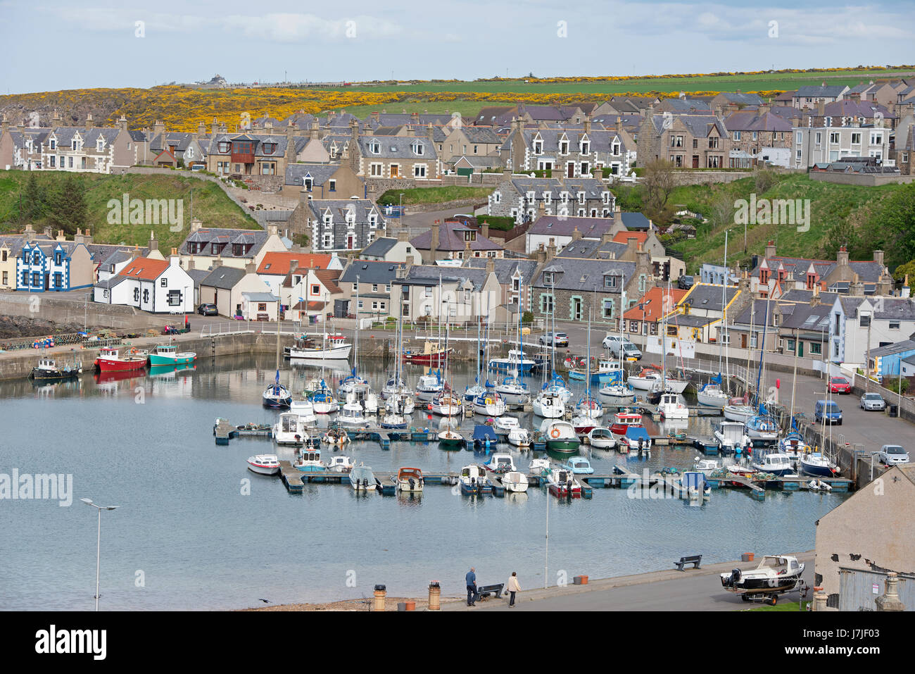 Findochty harbour with the town and Church  beyond. Stock Photo