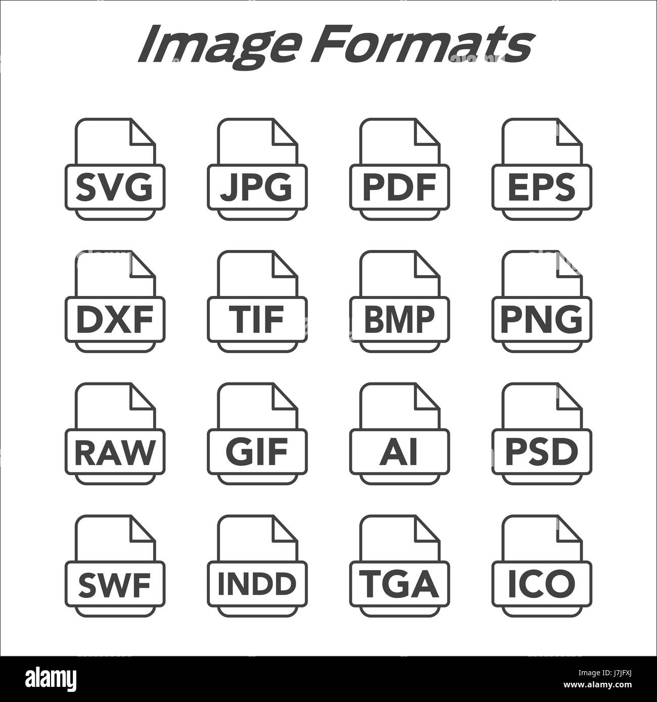 Icons to show different image formats, including JPG, SVG, EPS, DXF, etc Stock Vector