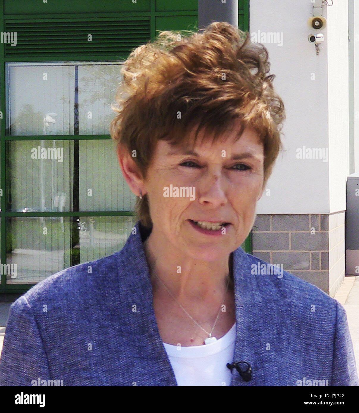 Head teacher Elaine Silson talks to the media outside Allerton High School in Leeds, about student Sorrell Leczkowski, who was a victim of the terror attack in Manchester earlier this week. Stock Photo