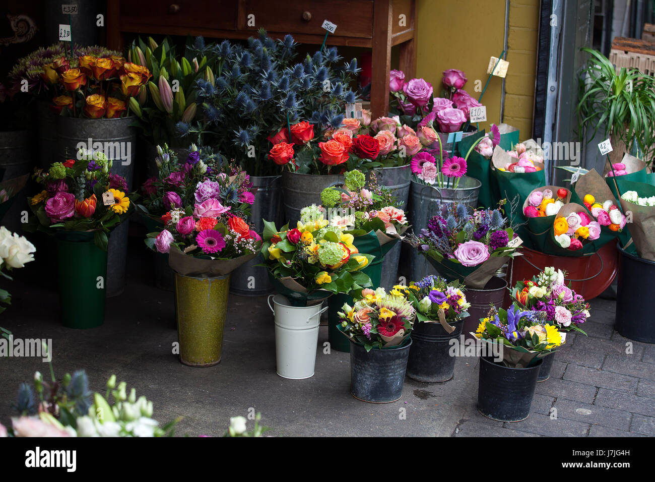 the variety of flowers near the flower shop for sale Stock Photo
