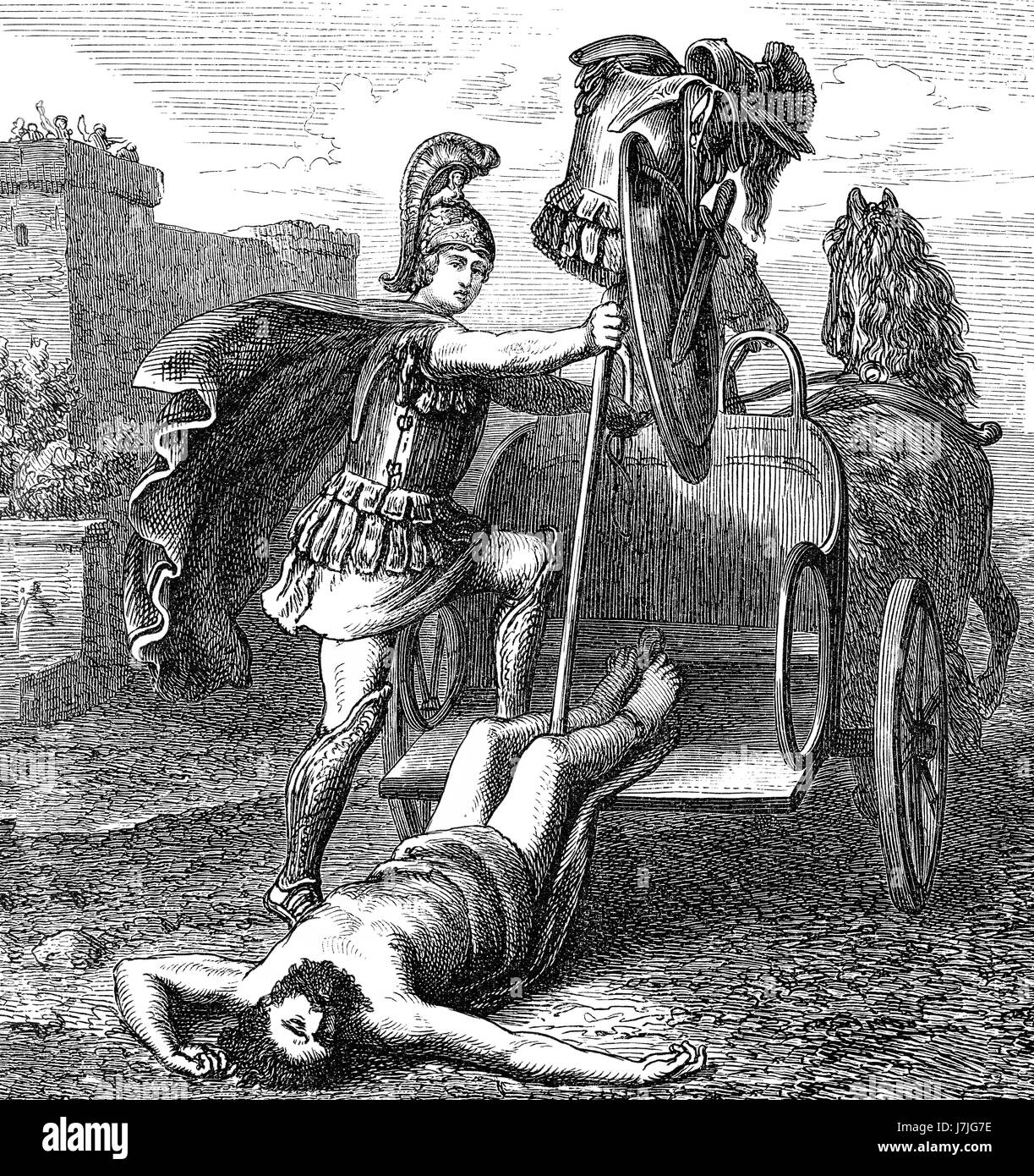 Triumphant Achilles dragging Hector's lifeless body in front of the Gates of Troy, Trojan War Stock Photo