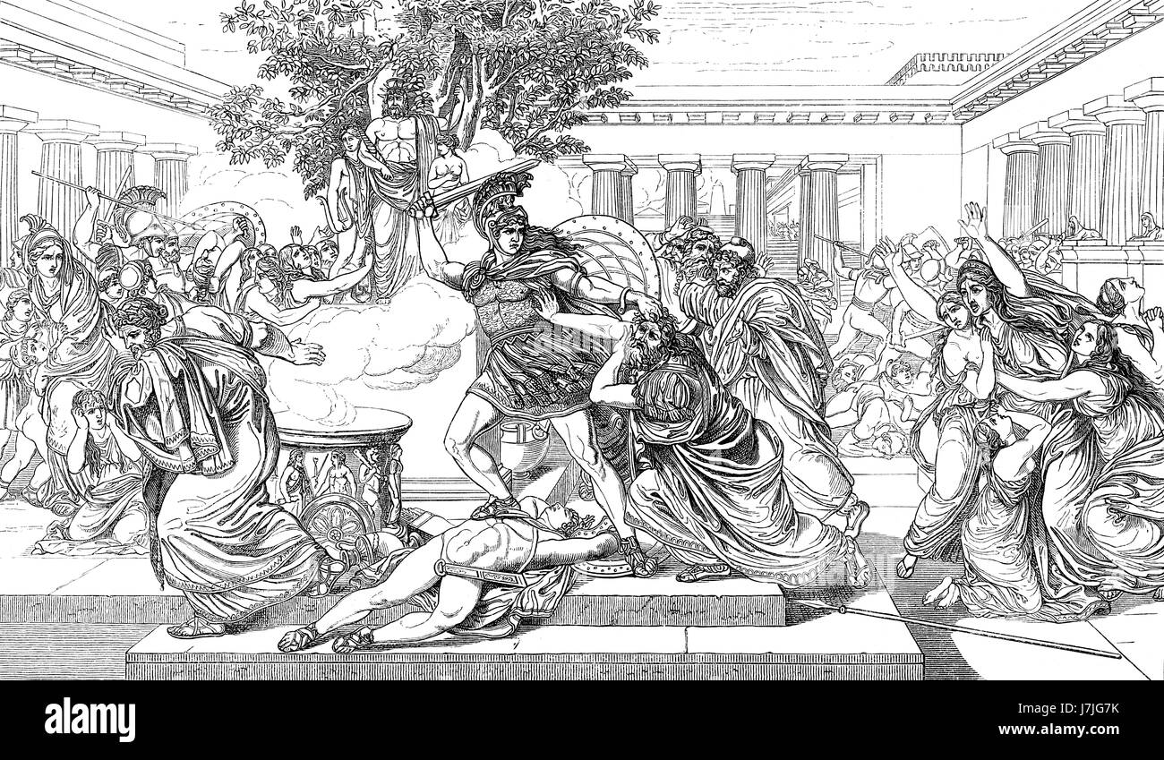 Priam killed by Neoptolemus, Greek mythology Stock Photo
