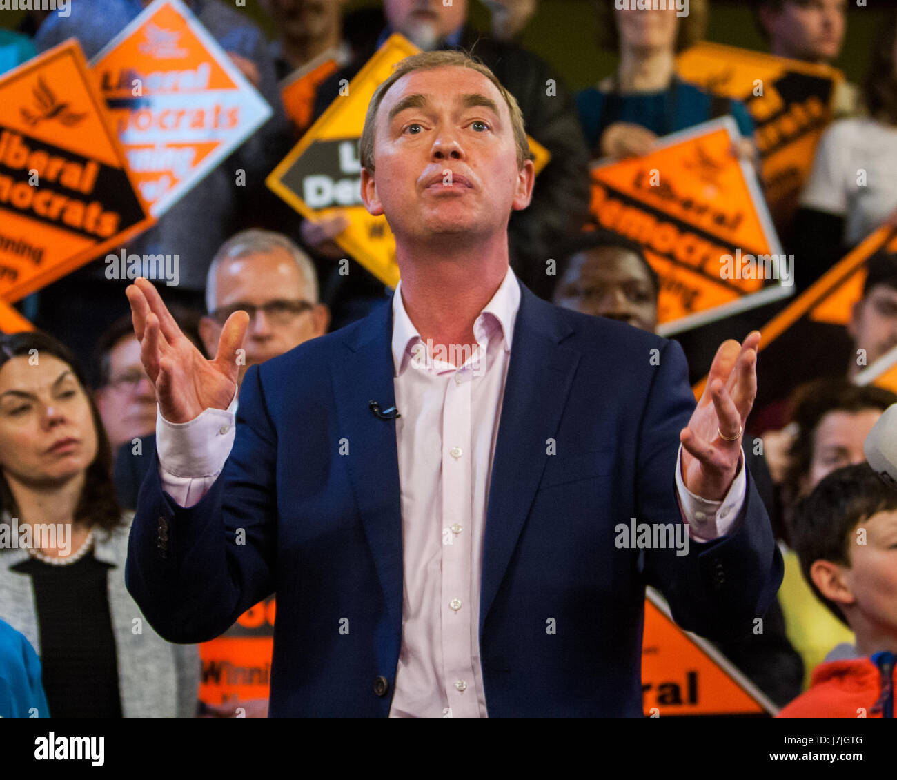 Liberal Democrats leader Tim Farron & party president Sal Brinton in Vauxhall with candidate George Turner along with party members to make an exciting announcement about the campaign.  Featuring: LibDem Leader Tim Farron MP Where: London, United Kingdom When: 24 Apr 2017 Credit: Wheatley/WENN Stock Photo
