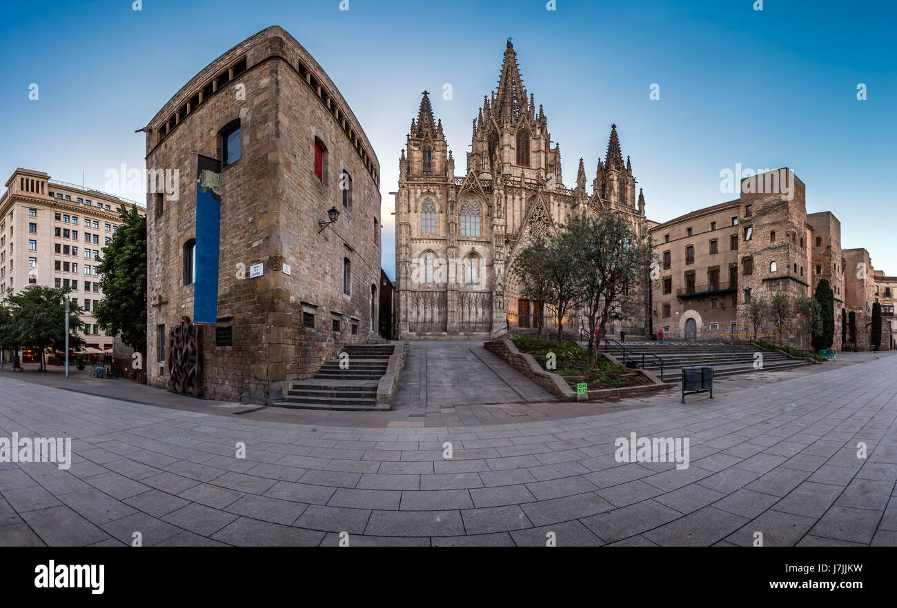 Panorama of Cathedral of the Holy Cross and Saint Eulalia in the Morning, Barri Gothic Quarter, Barcelona, Catalonia Stock Photo
