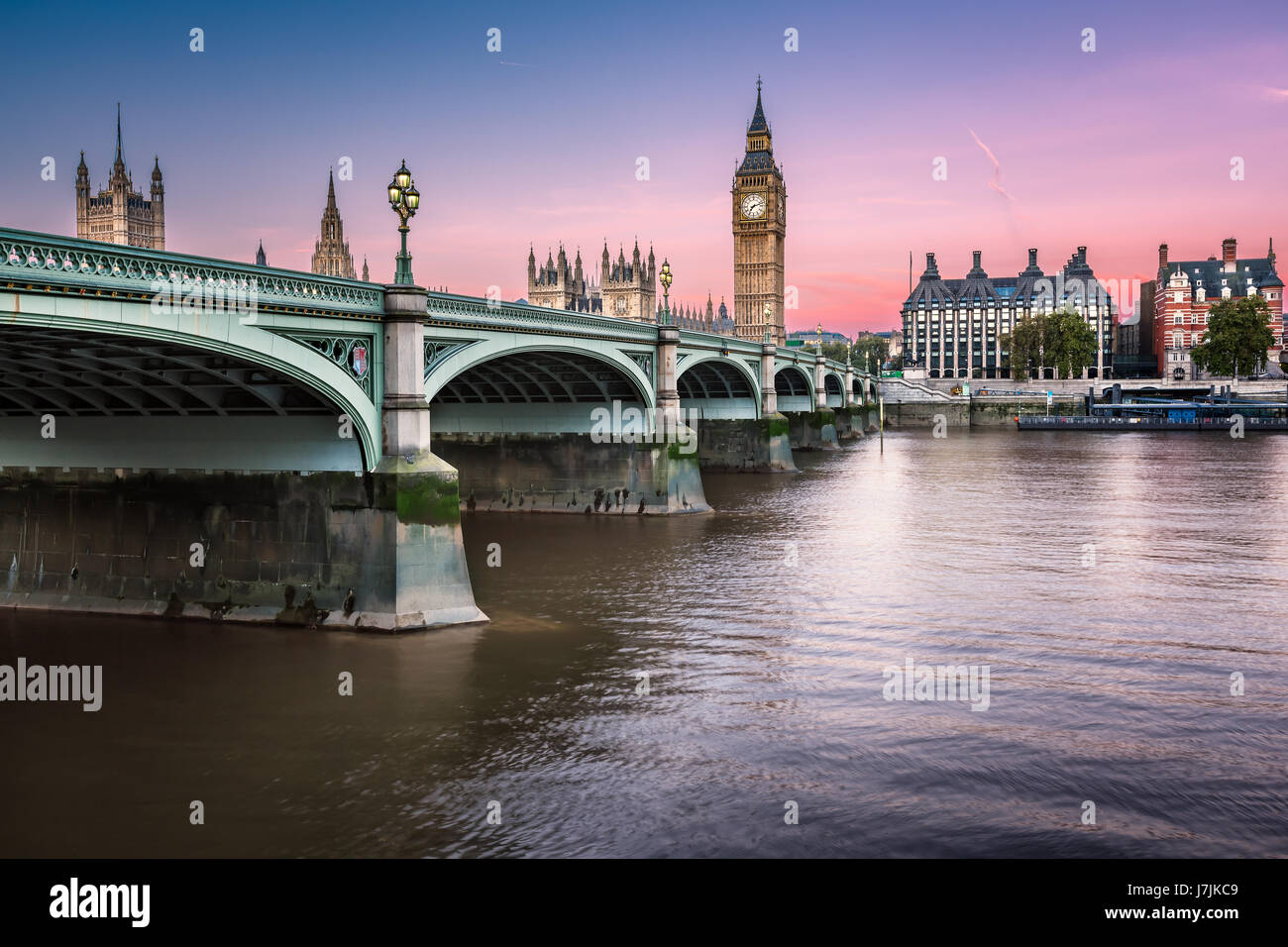Big Ben, Queen Elizabeth Tower and Westminster Bridge Illuminated at Dawn, London, United Kingdom Stock Photo