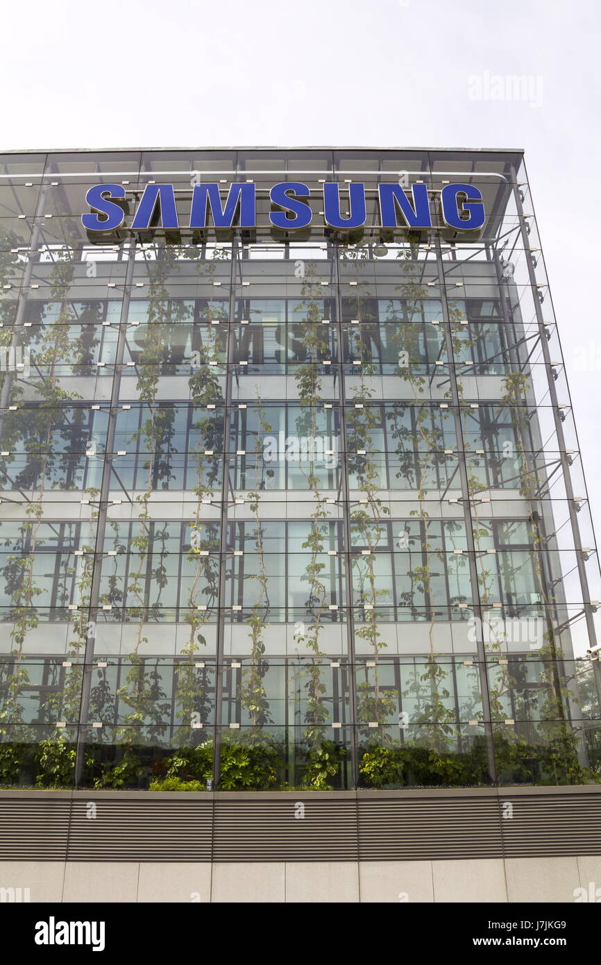 PRAGUE, CZECH REPUBLIC - MAY 22: Samsung company logo on headquarters building on May 17, 2017 in Prague, Czech republic. Stock Photo