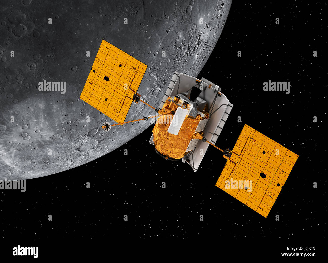 Interplanetary Space Station Orbiting Planet Mercury. 3D Illustration. Elements of this image furnished by NASA. Stock Photo