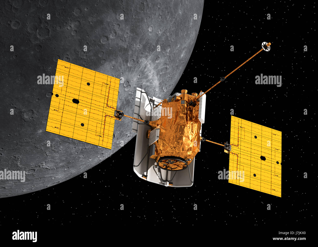 Interplanetary Space Station Orbiting Mercury. 3D Illustration. Elements of this image furnished by NASA. Stock Photo