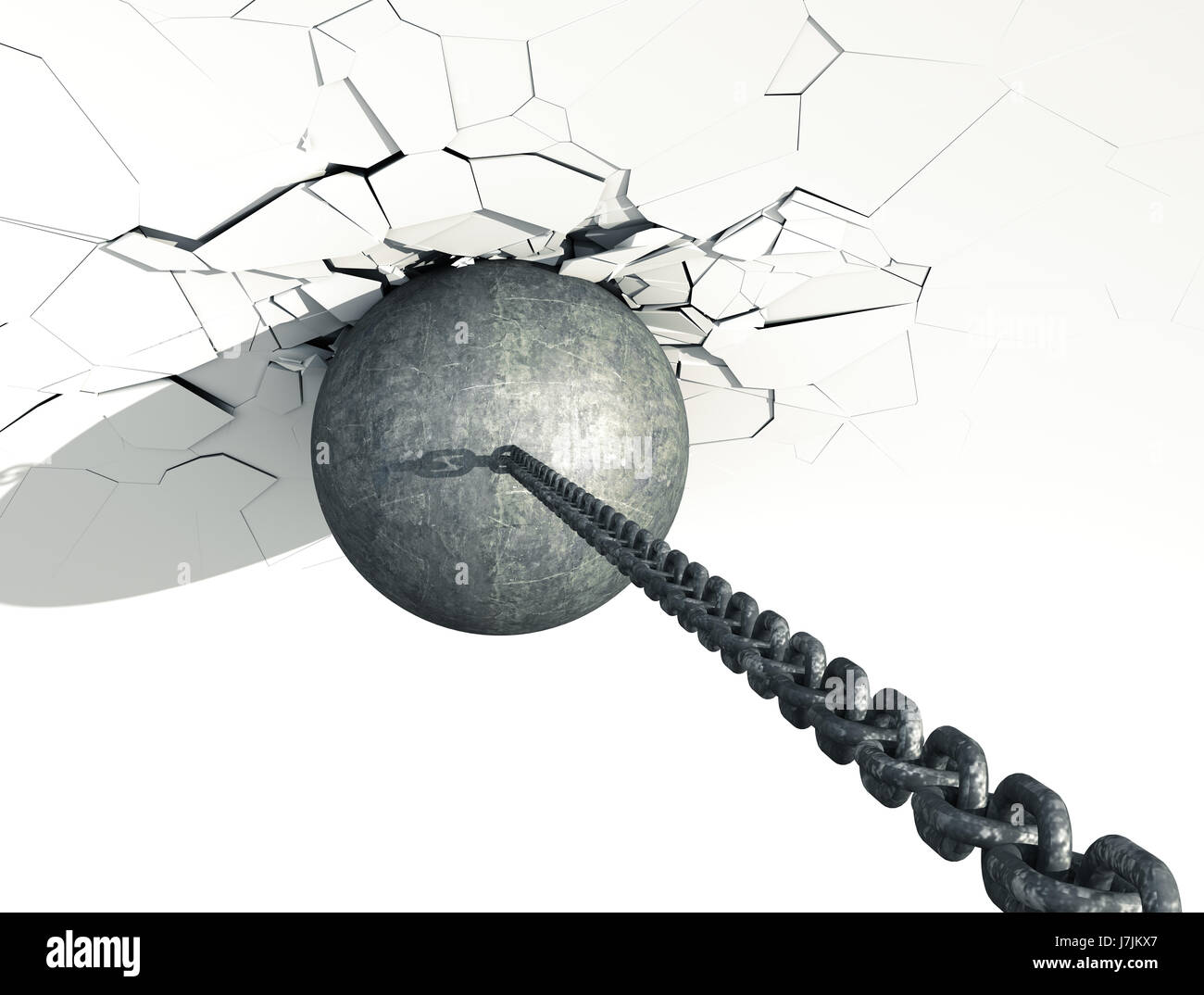 Metallic Wrecking Ball Shattering White Wall. Top view. 3D Illustration. Stock Photo
