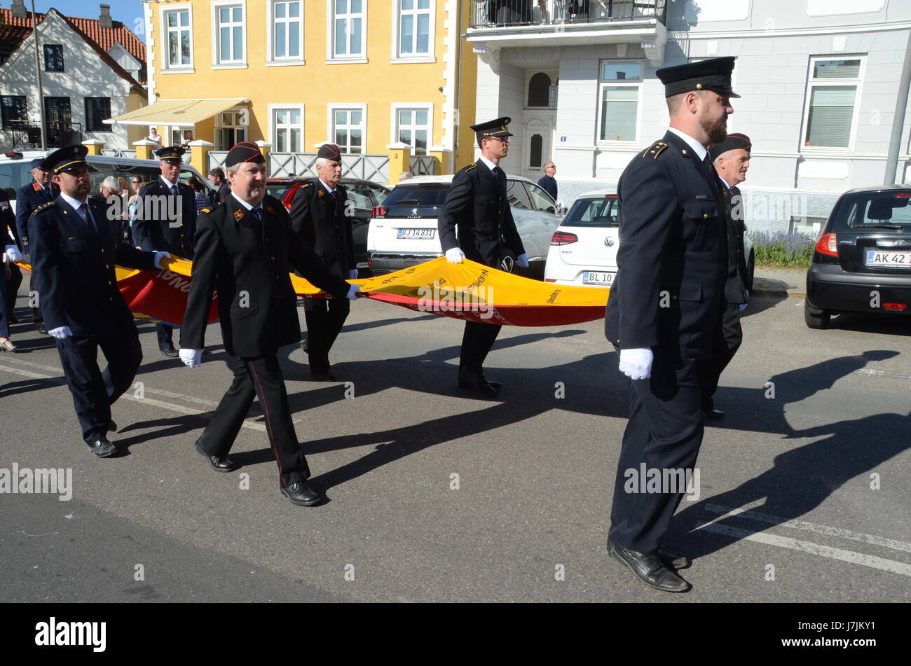 Sonderborg, Denmark - May 25, 2017: The international arrangement named Feuerwehr Sternfahrt 2017 in Sonderborg. Firemen from different countries carr Stock Photo