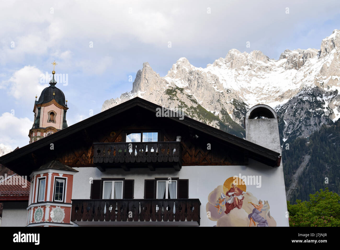 Alpine town Mittenwald, Bavaria, Germany. Karwendel Mountain on background Stock Photo