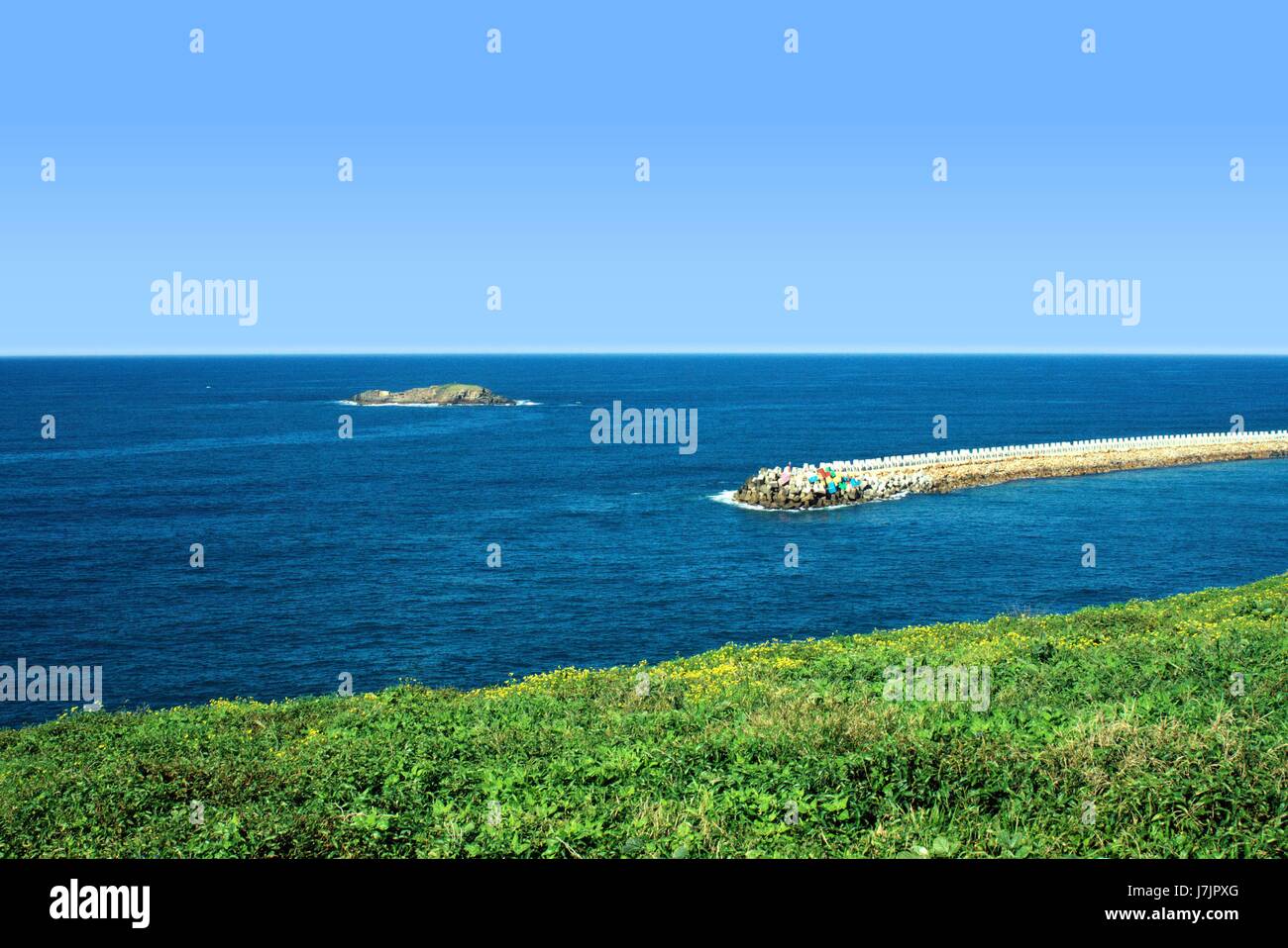 Clear blue sky on the top, then blue sea water and green plants at the bottom. Far off in the sea is a breakwater and an island. Australian landscape. Stock Photo
