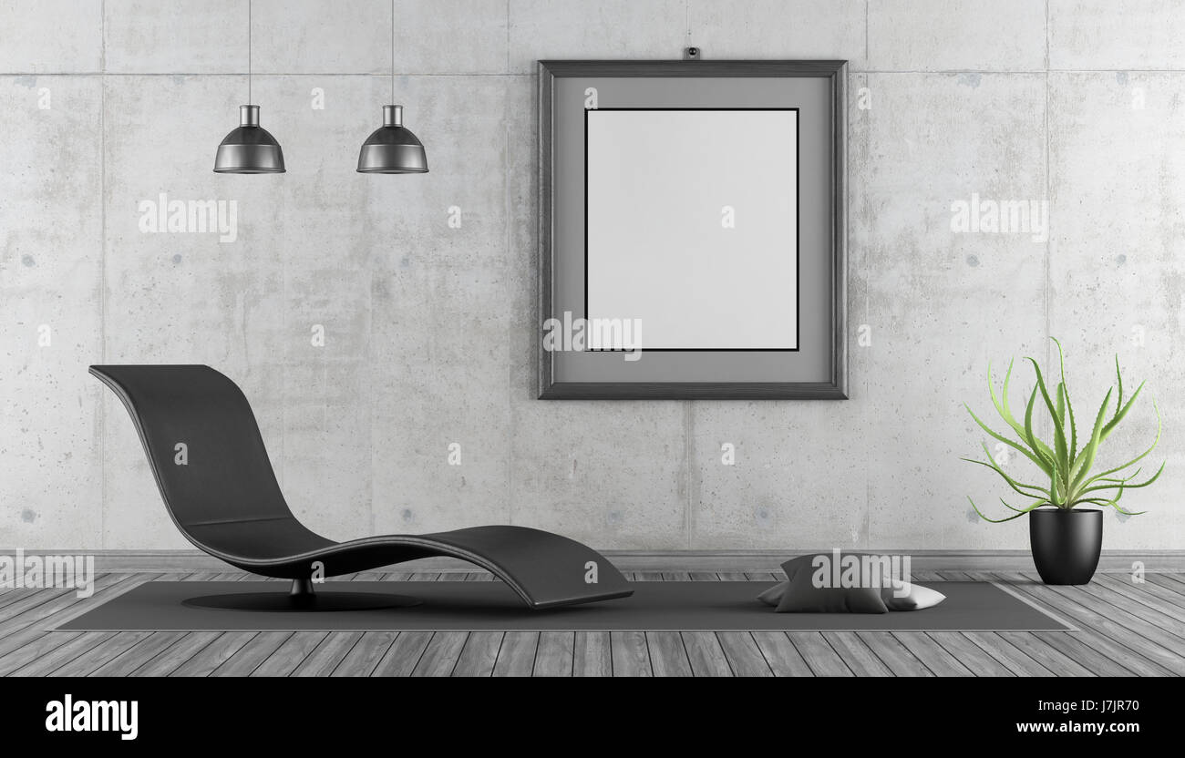 Minimalist living with black chaise lounge, empty frame and concrete wall 3d rendering Stock