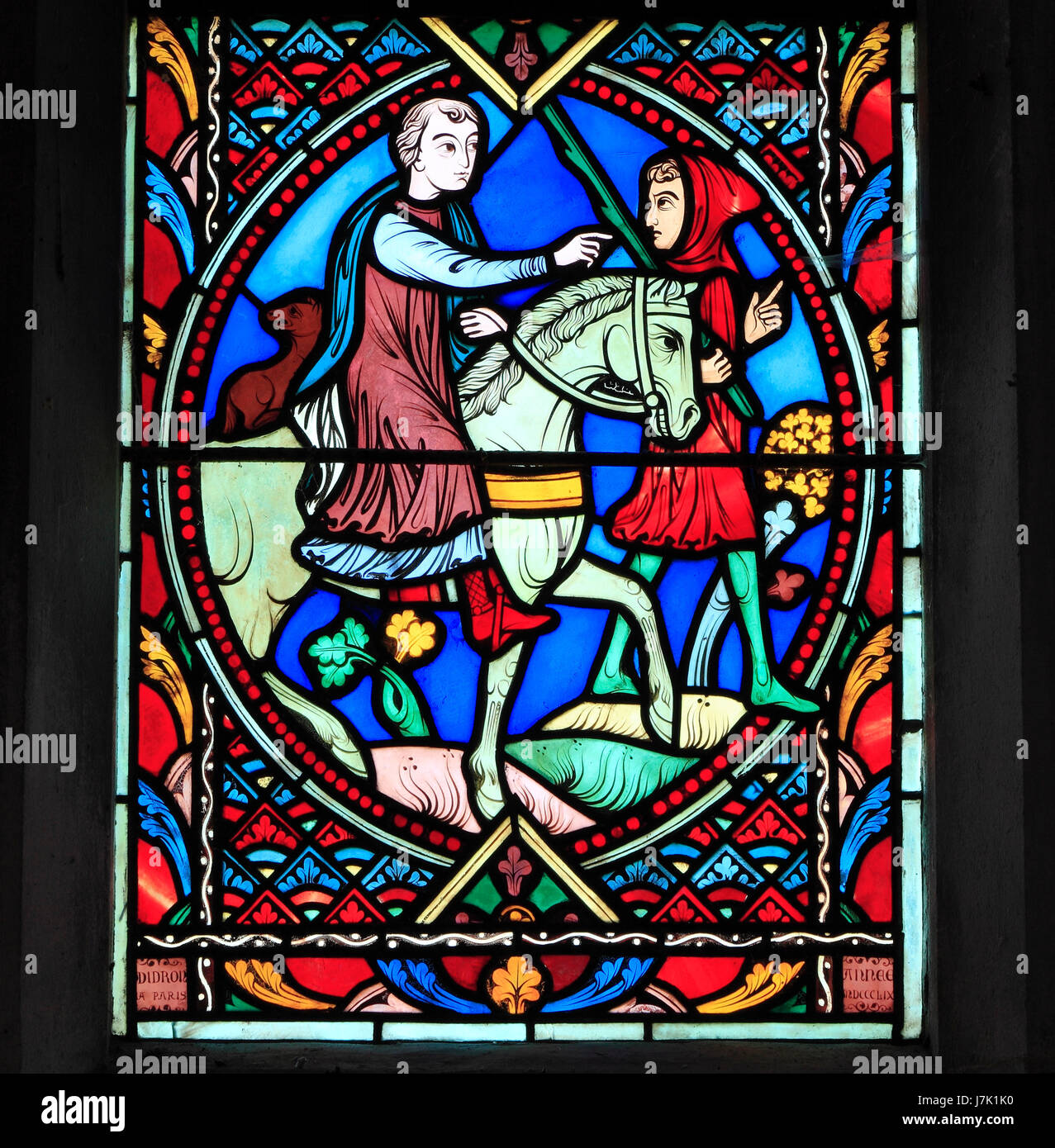 Parable of The Prodigal Son, by Didron of Paris, 1859.  Stained glass window, Feltwell Church, Norfolk, England, Prodigal Son rides to distant land Stock Photo