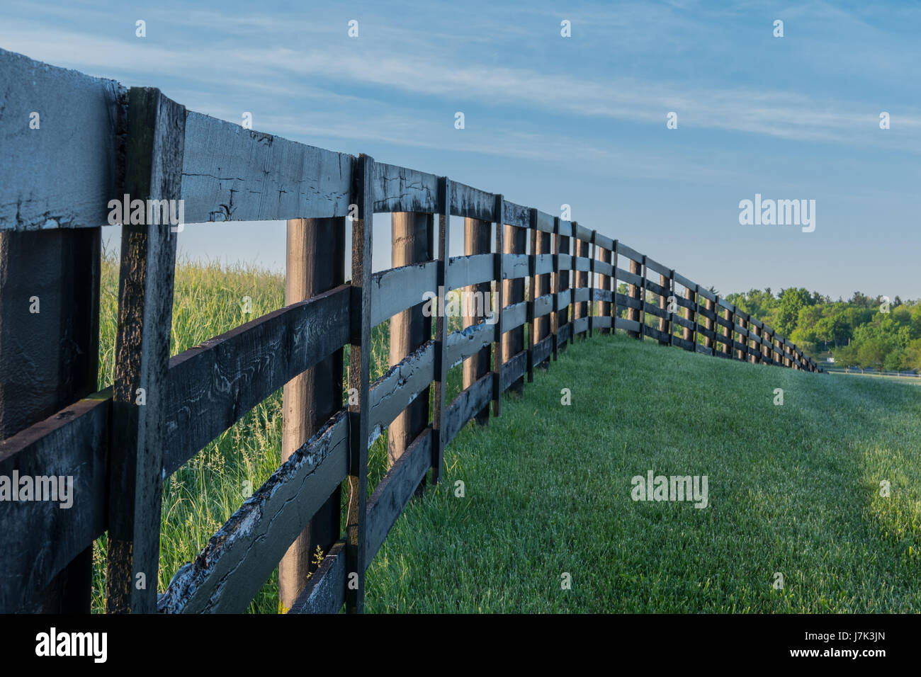 Grassy Hill Cut by Black Fence in early summer Stock Photo - Alamy