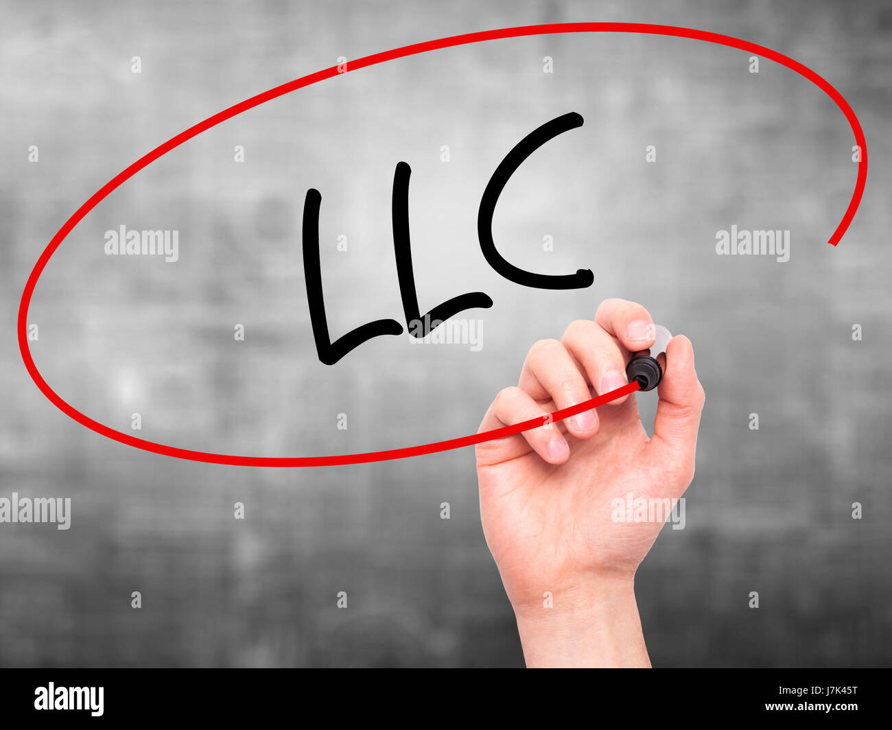 Man Hand writing LLC (Limited Liability Company) with black marker
