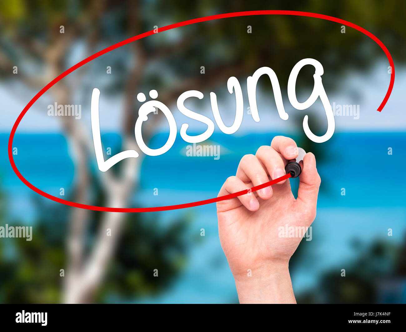 Man Hand writing Losung (Solution in German) with black marker on visual screen. Isolated on background. Business, technology, internet concept. Stock Stock Photo