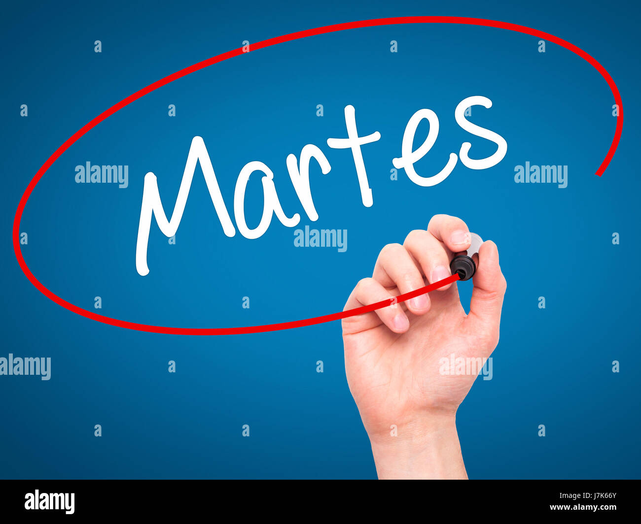Man Hand Writing Martes Tuesday Spanish Black Marker Visual Screen