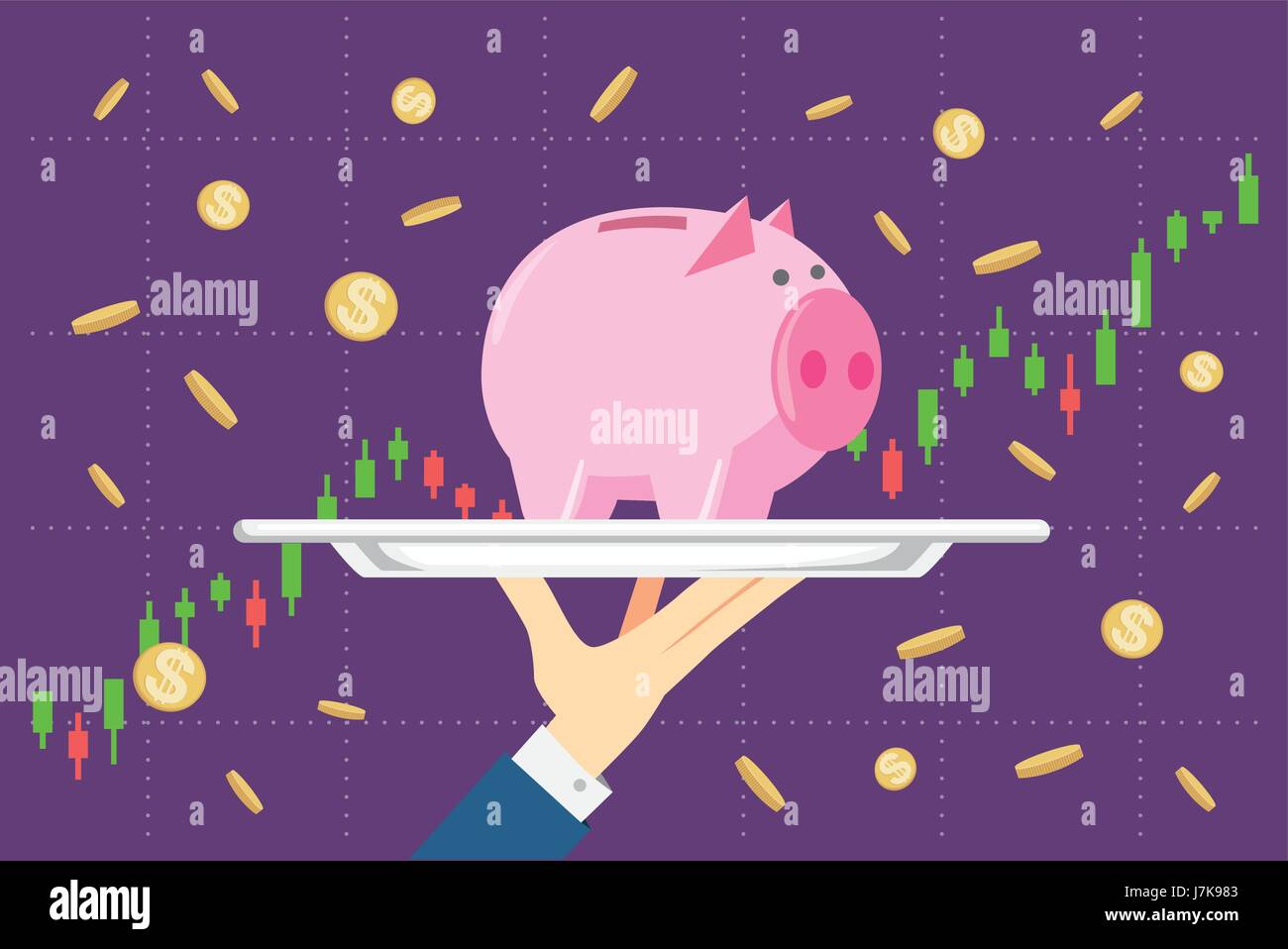 Holding piggy bank in silver tray on stock chart background Stock ...