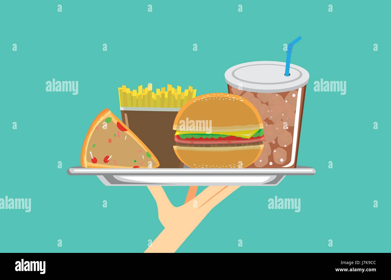 Hand holding a set of fast food in silver dish. Illustration about meal. Stock Vector