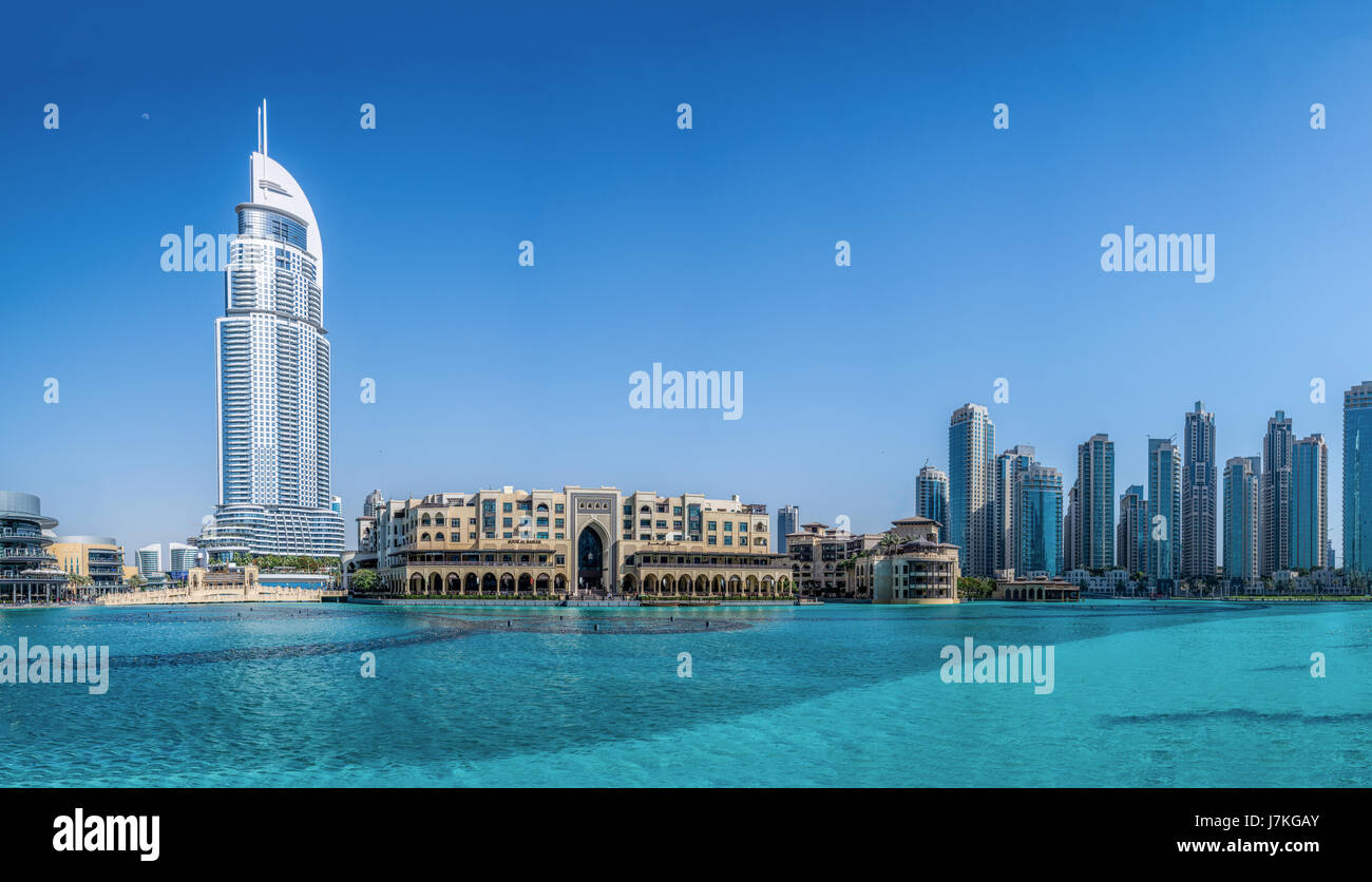 Panorama of downtown Dubai, Souk Al Bahar in front of Burj Khalifa on in Dubai, UAE, Middle East. Stock Photo