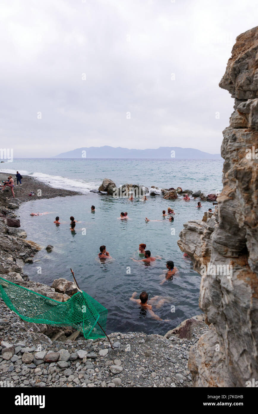 Greece, Kos Embros Thermae, 08 May 2017: People take a health bathwater at Kos Thermal Springs. Stock Photo