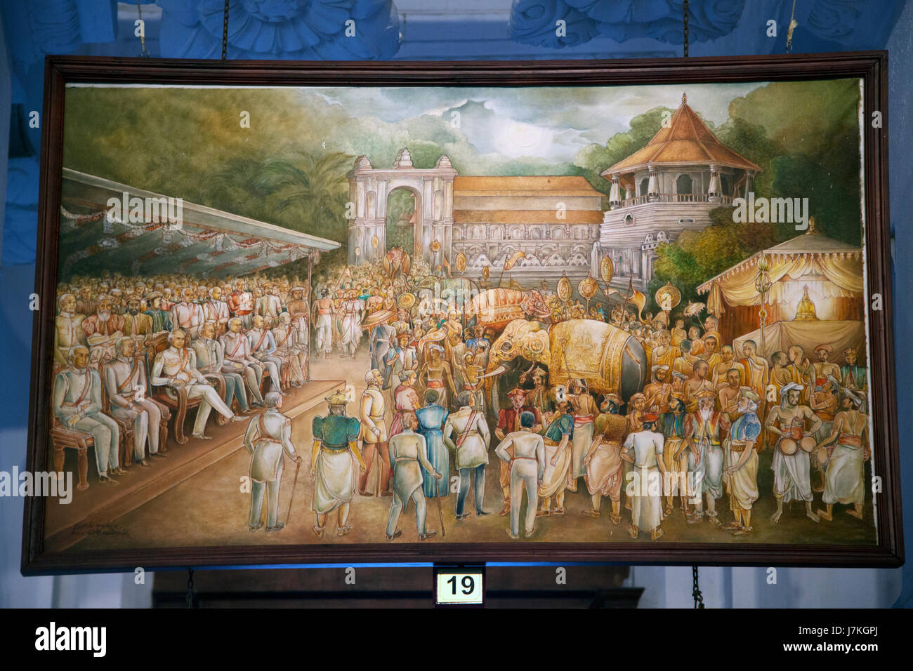Kandy Sri Lanka Temple of the Sacred Tooth Sri Dalada Museum Painting Of The History Of The Tooth Relic - A prolonged drought was stopped by a special exposition of the Tooth Relic and the heavy rains resulting there from caused severe floods that was named Dalada Floods. Governor Edward Barnes took the leading role to organize this exposition with pomp and glory Stock Photo