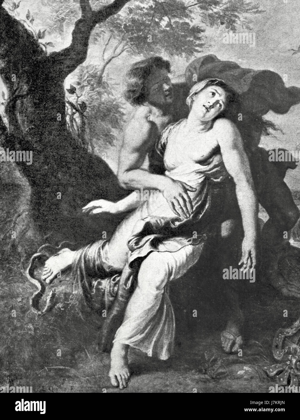Greek mythology. The nymph Eurydice, wife of Orpheus, dies by a viper's bite when she steps it. Engraving. Stock Photo