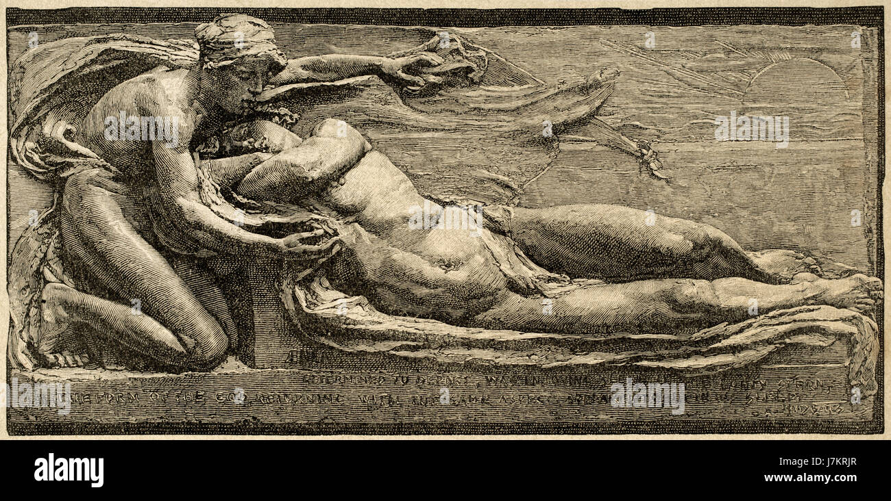 Virgil. The Aeneid. Book IV. Mercury appears to Aeneas in a dream: Mercury visits Aeneas to tell him that he has delayed too long his mission and he must leave at once from Carthage to Italy. Engraving after relief in bronze by Henry Bates. 'La Ilustracion Iberica', 1886. Stock Photo