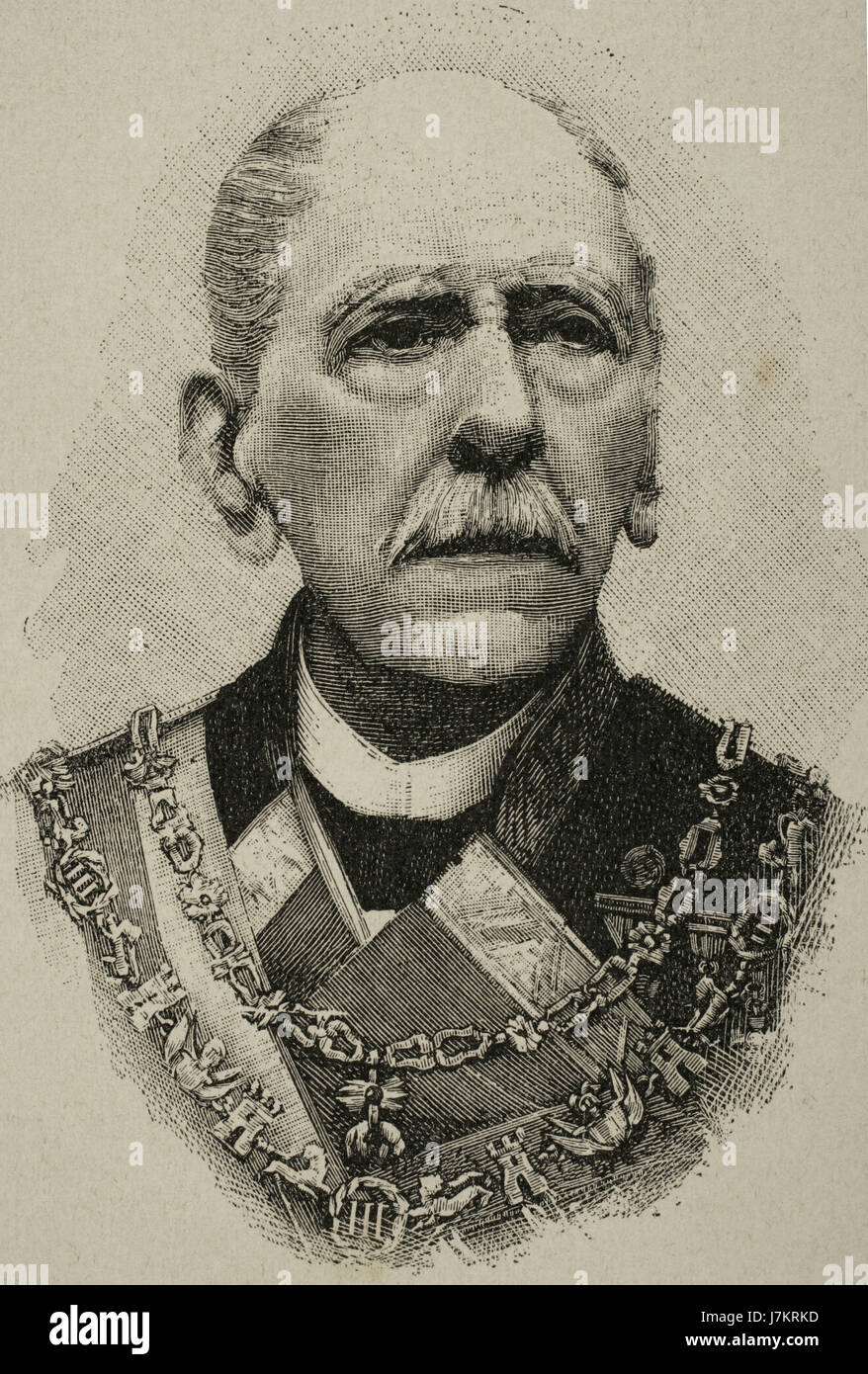 Guillermo Chacon Maldonado (1813-1899). Politician and Admiral General of the Spanish Navy during the Bourbon Restoration in Spain. Portrait. Engraving. 'La Ilustración Artistica', 1899. Stock Photo