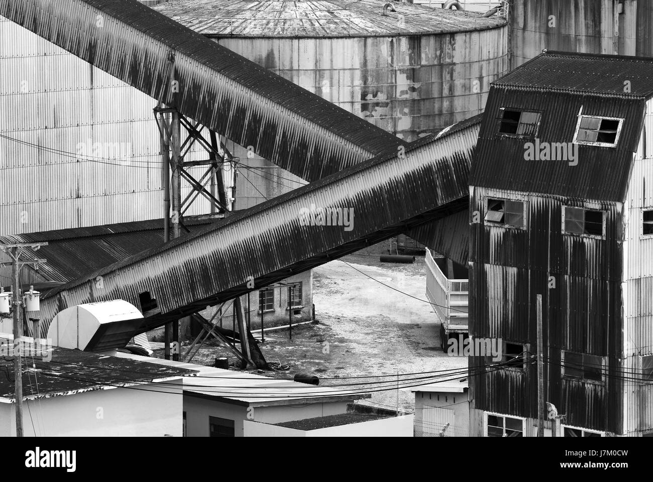 Black and white image of an old industrial factory Stock Photo