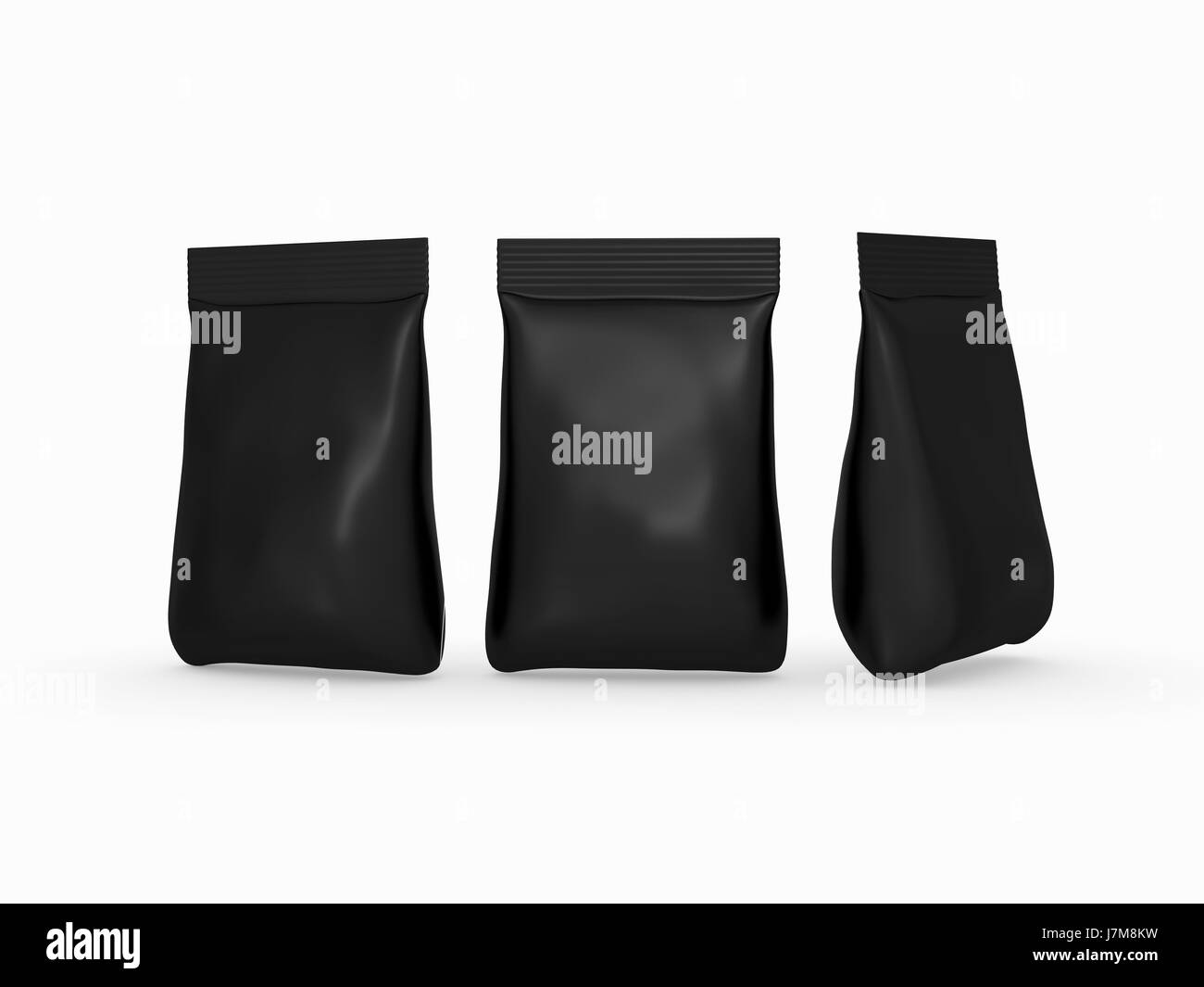 Black  bag  packet  with clipping path,  Packaging  or wrapper for sweet, snack, milk powder, coffee, salt, sugar, powder,detergent, seed, or cereal r Stock Photo
