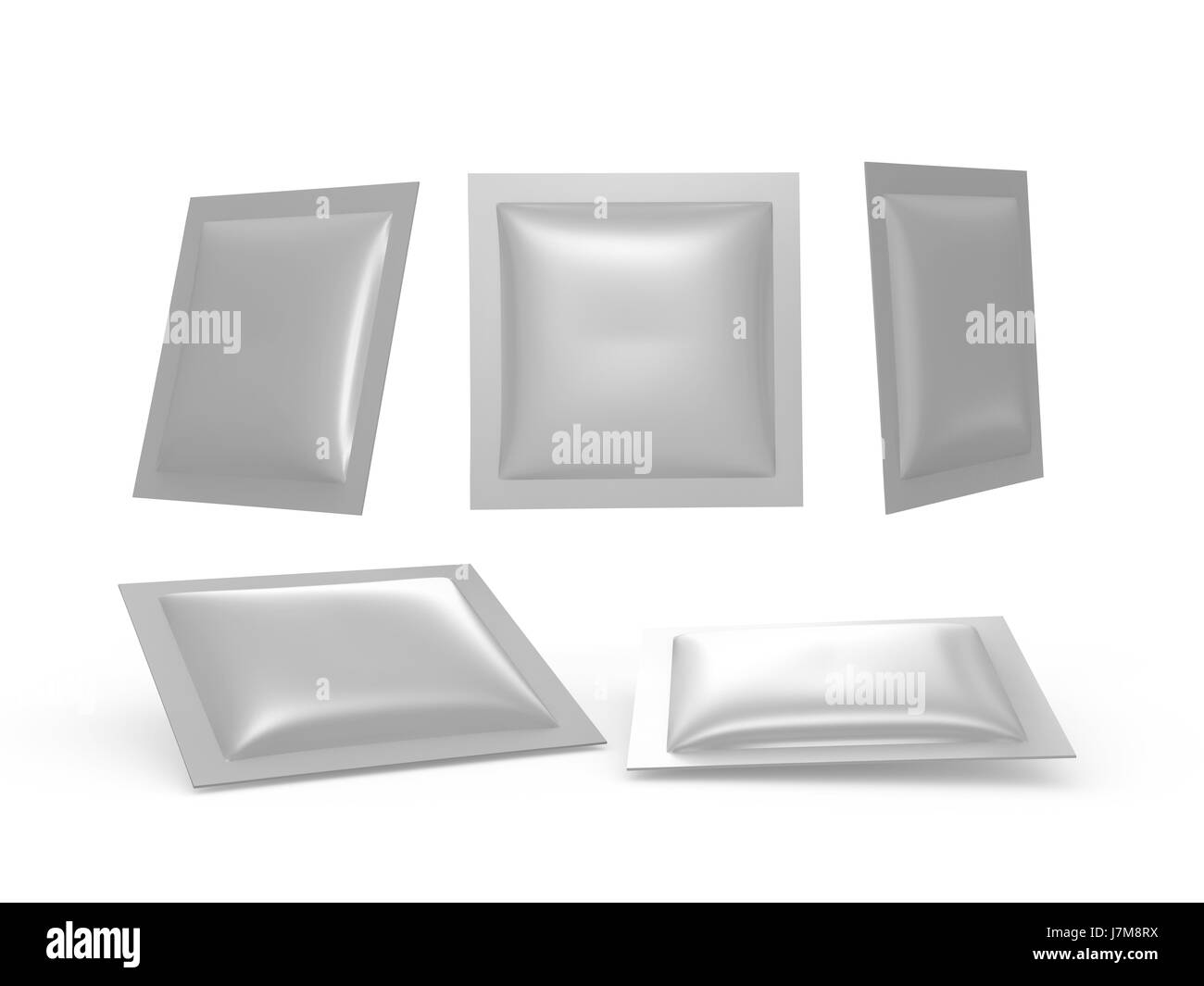 Square silver foil heat sealed packet  with clipping path. Packing  or wrapper for sweet, snack, milk bar, coffee, salt, sugar, medicine drug, cooling Stock Photo