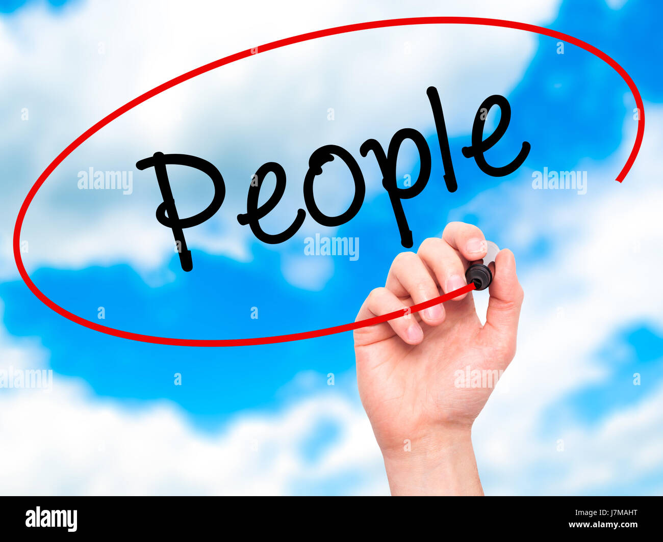 Man Hand writing People with black marker on visual screen. Isolated on ...