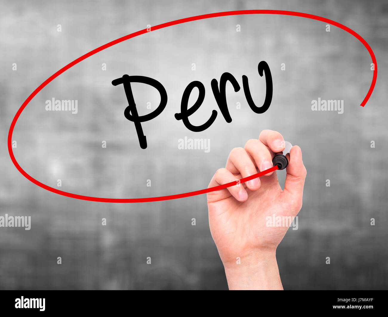 Man Hand writing Peru with black marker on visual screen. Isolated on ...