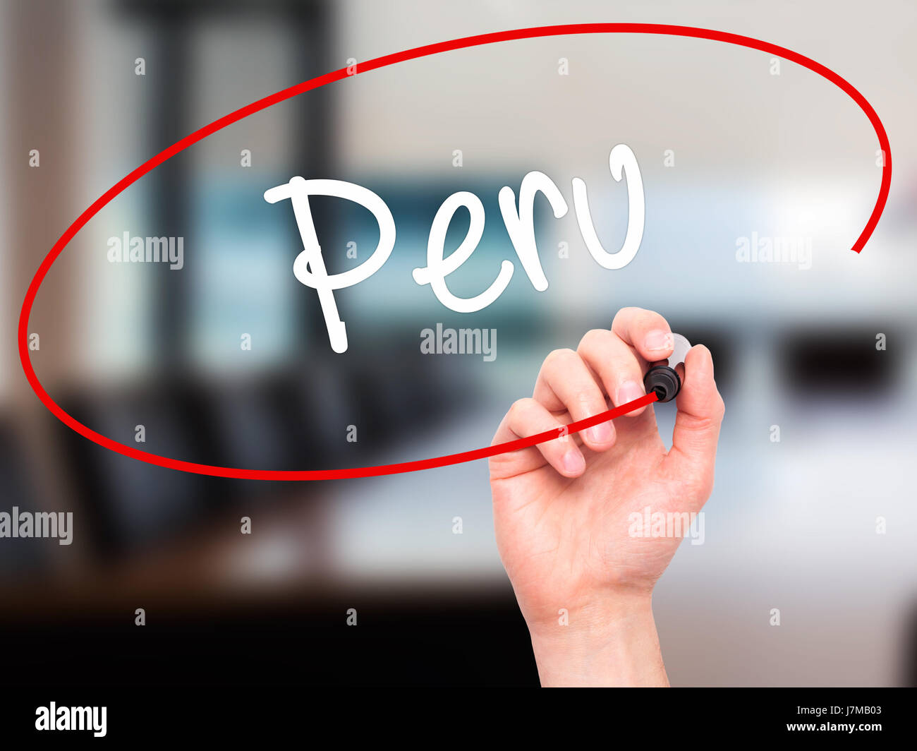 Man Hand writing Peru with black marker on visual screen. Isolated on ...