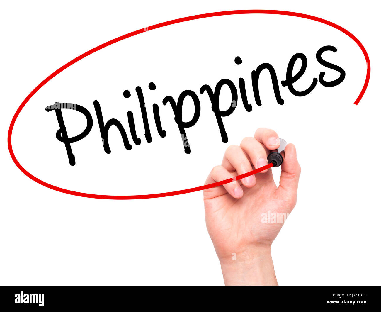 Man Hand writing Philippines with black marker on visual screen. Isolated on white. Business, technology, internet concept. Stock Photo Stock Photo