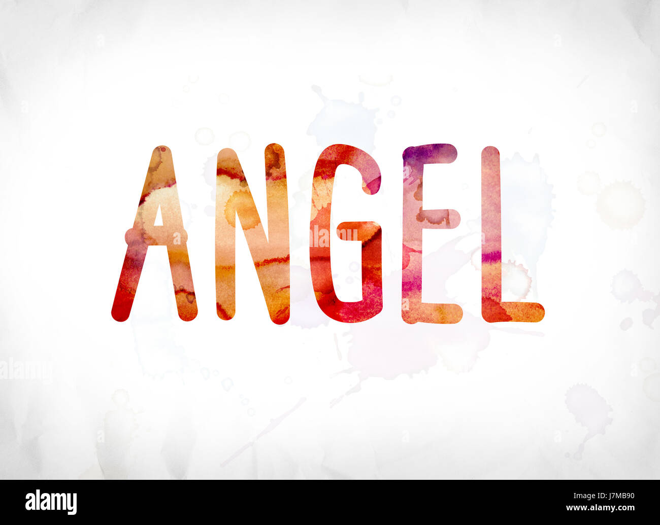 The word Angel concept and theme painted in colorful watercolors on a white paper background