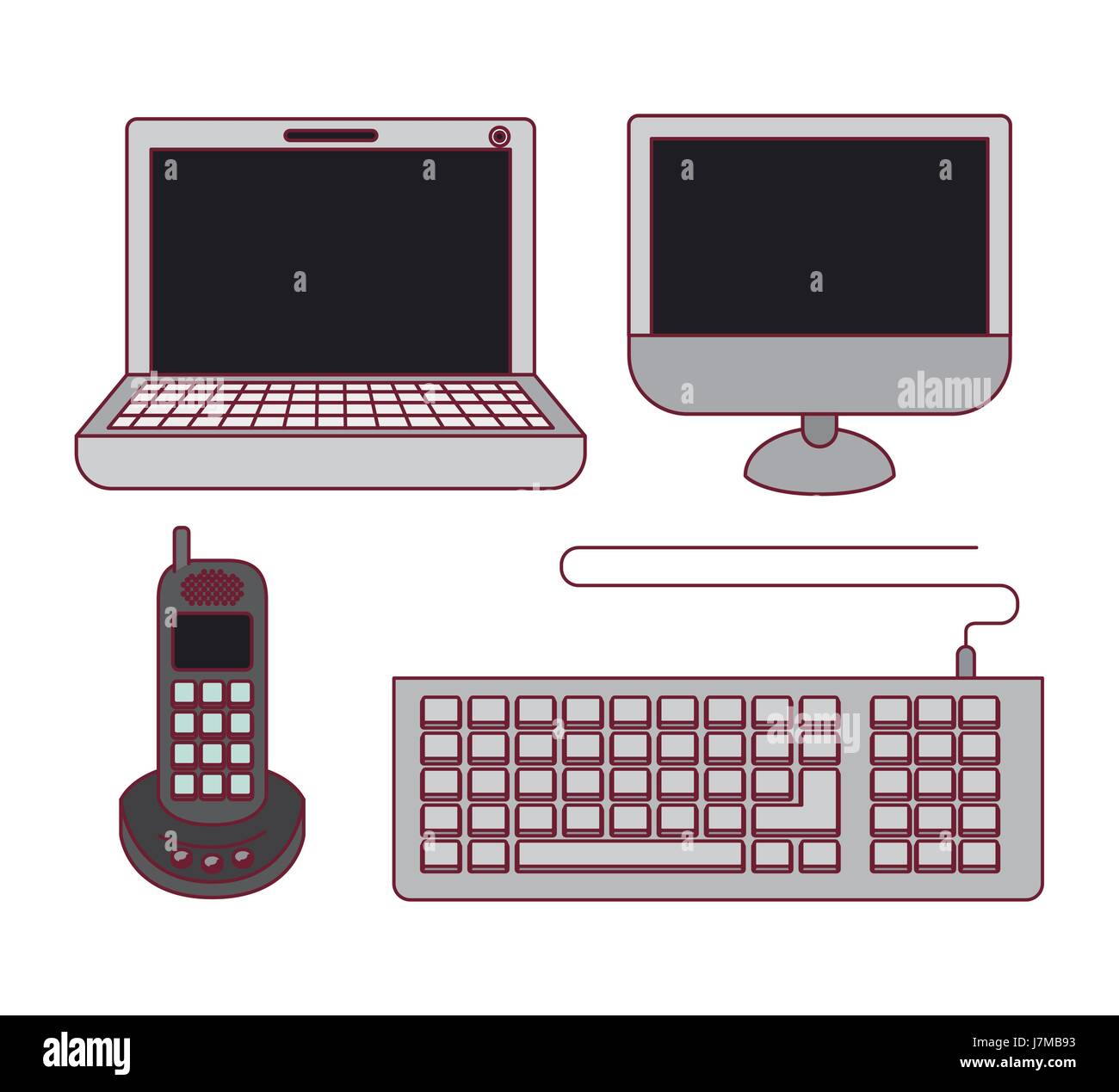 white background with color silhouette computer and phone office tech ...
