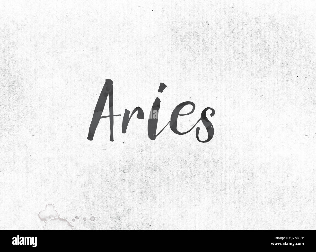 The word Aries concept and theme painted in black ink on a watercolor ...