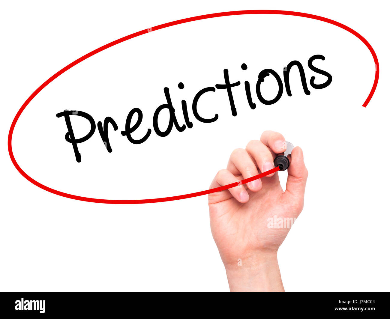 Man Hand writing Predictions with black marker on visual screen ...