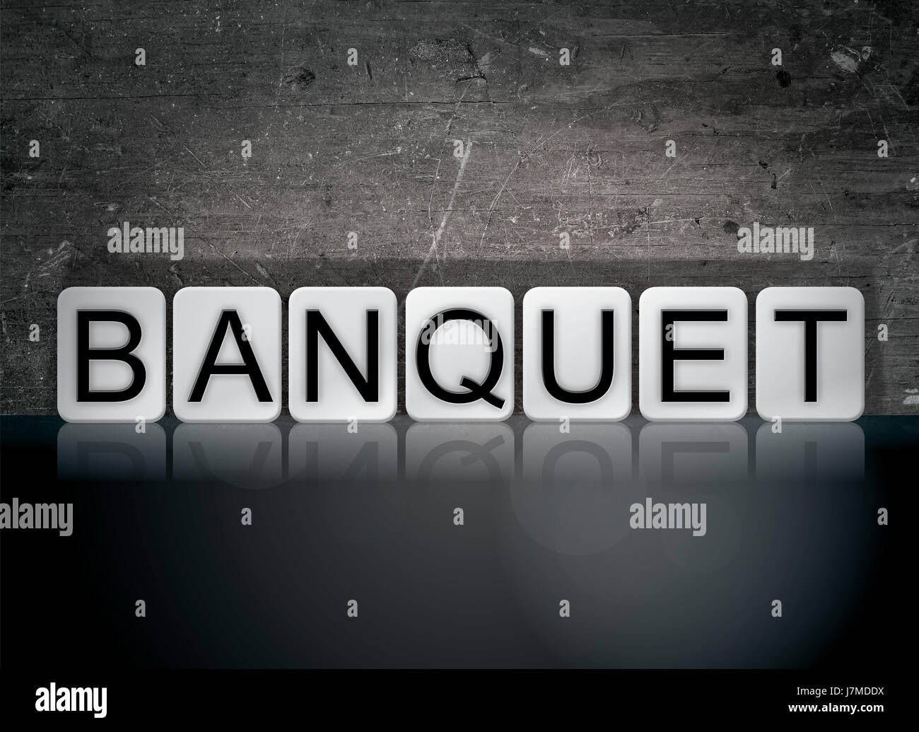 The word Banquet concept and theme written in white tiles on a dark