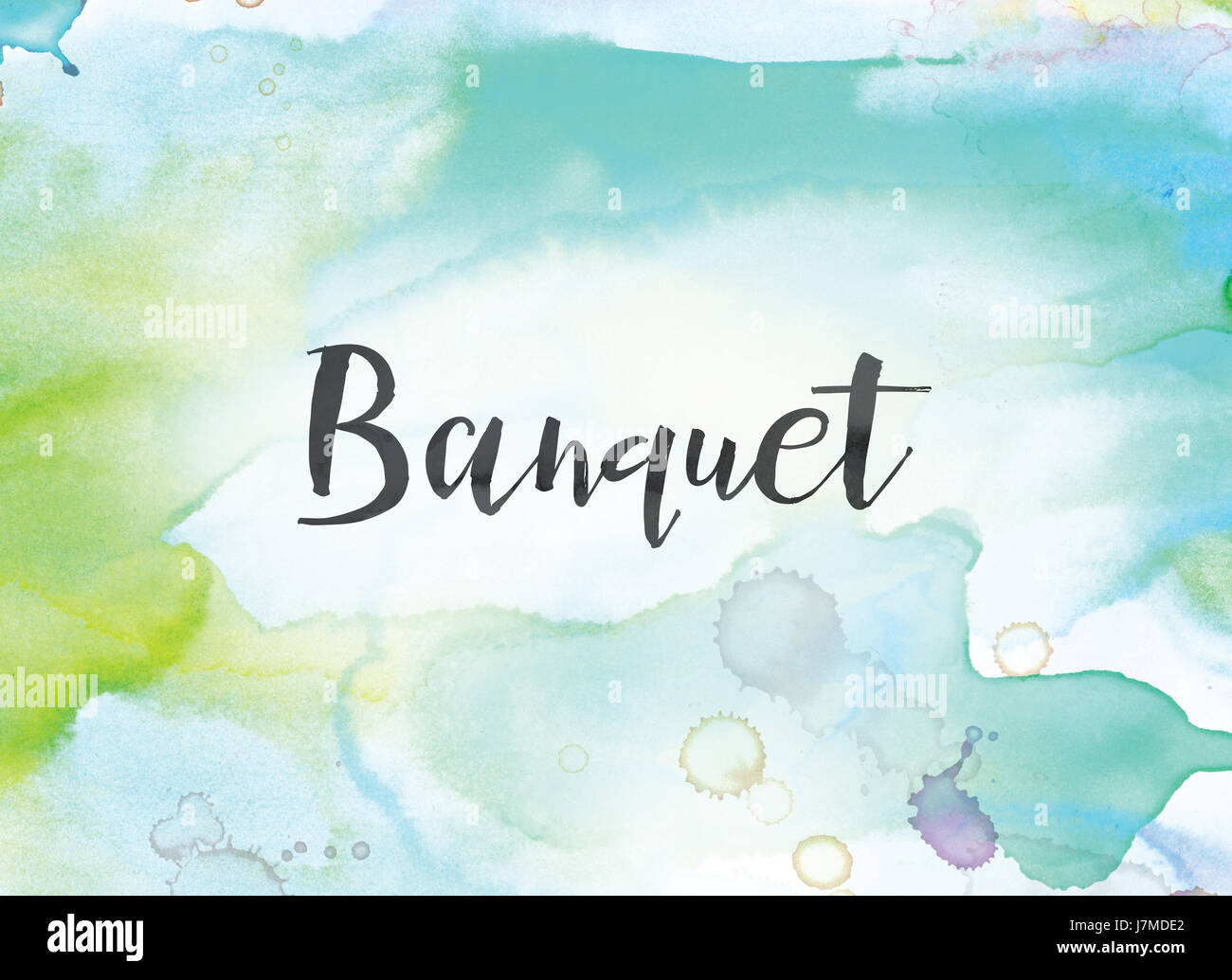 The word Banquet concept and theme written in black ink on a colorful