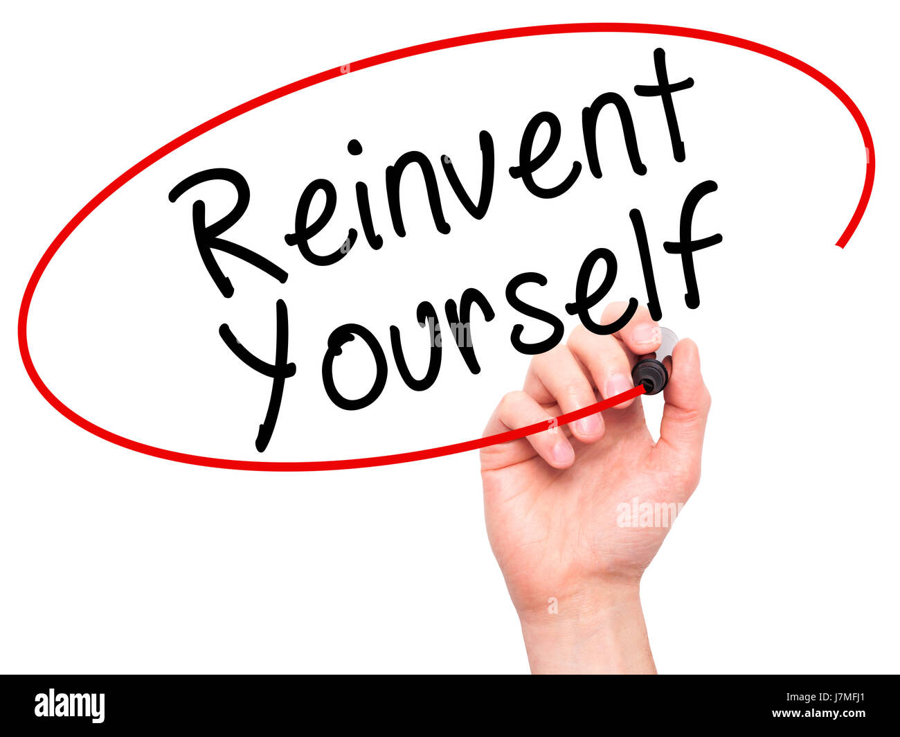 Reinvent Sign Man Hand writing Reinvent Yourself with black marker on visual screen ...