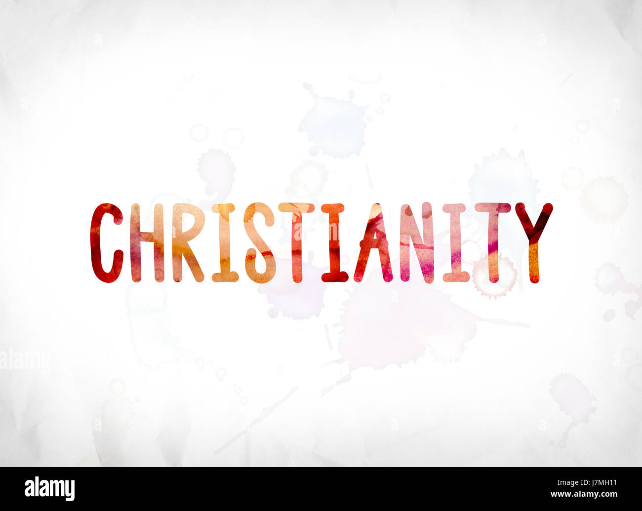 The word Christianity concept and theme painted in colorful watercolors ...