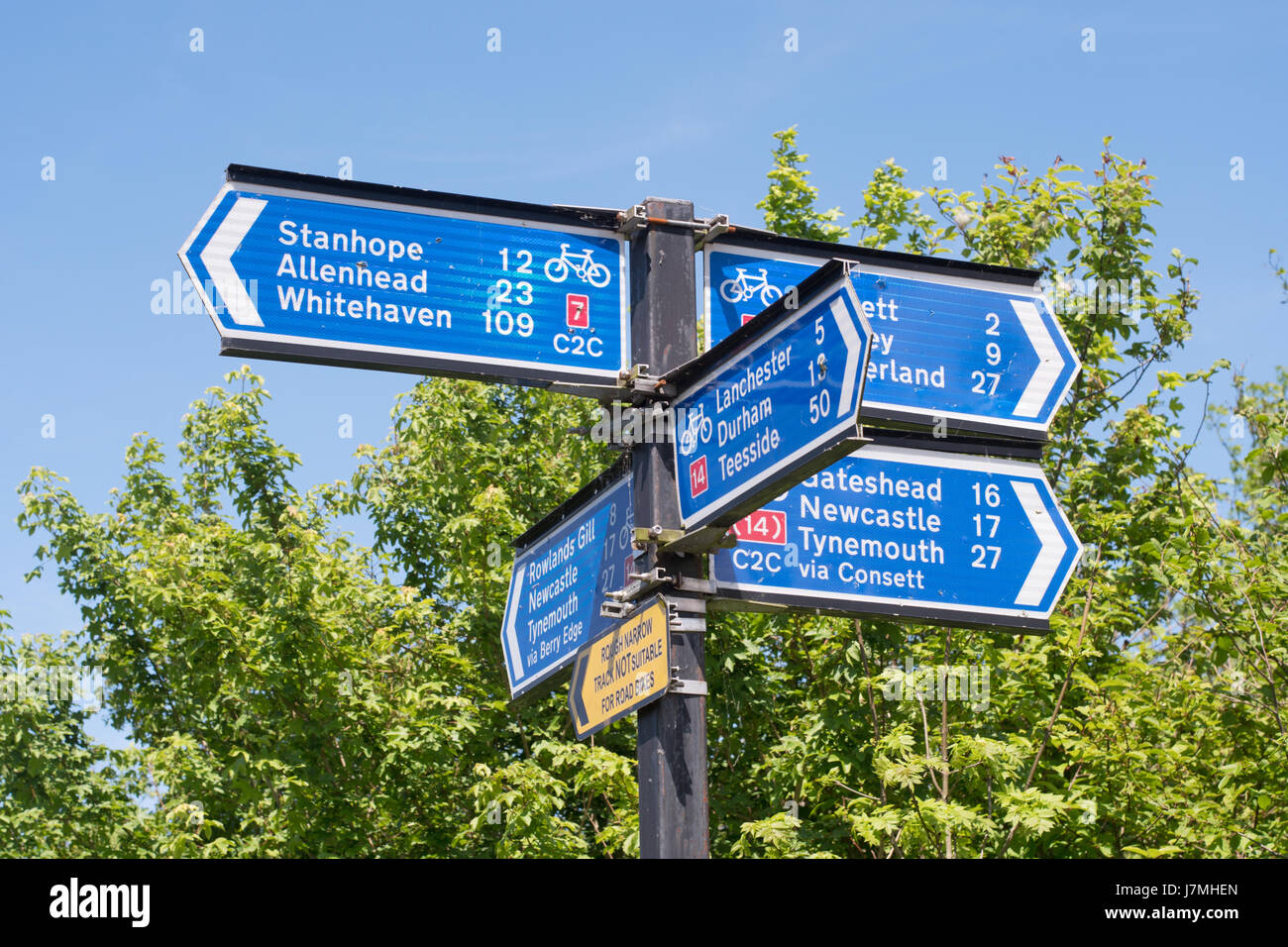 Cycle route signpost on C2C cycle route at Lydgetts Junction, Consett, England, UK Stock Photo