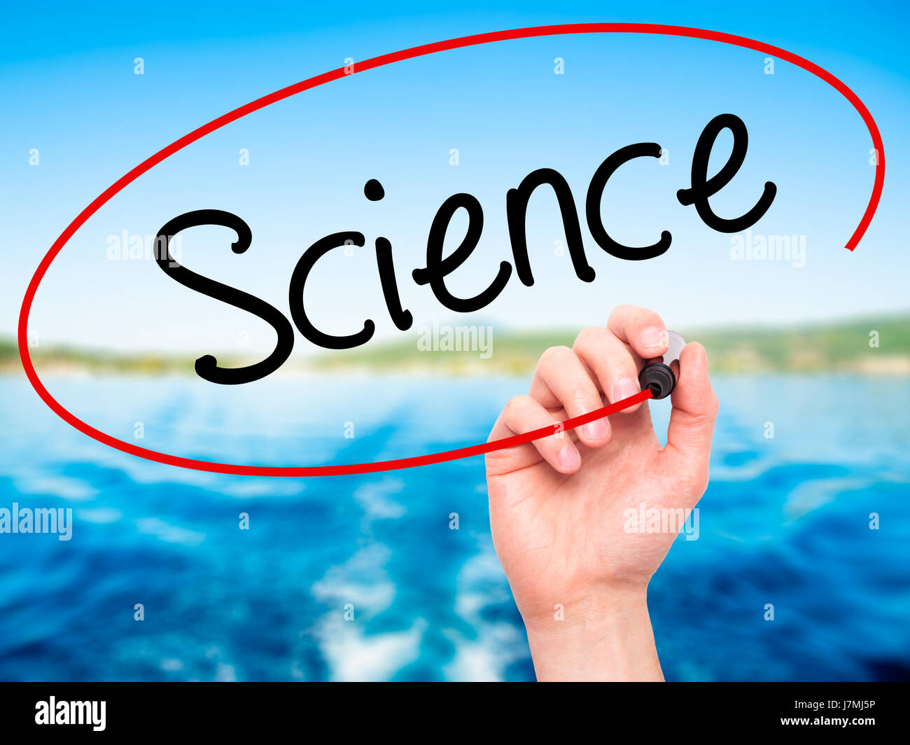 Hand Writing Science Man Hand writing Science with black marker on visual screen. Isolated ...