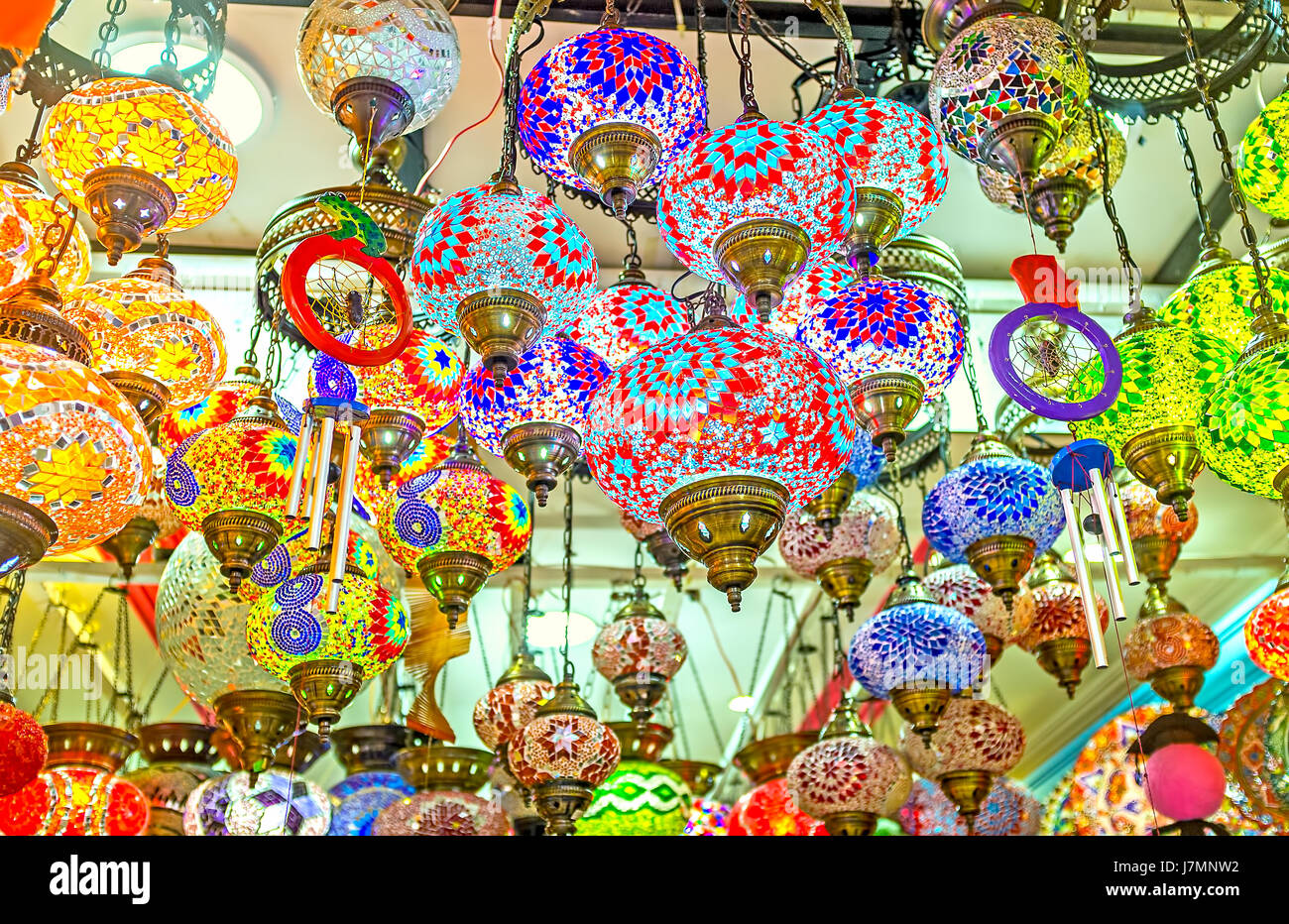 KEMER, TURKEY - MAY 5, 2017: Hundreds of different stained glass plafonds with colorful patterns on sailing of the lighting store, on May 5 in Kemer. Stock Photo